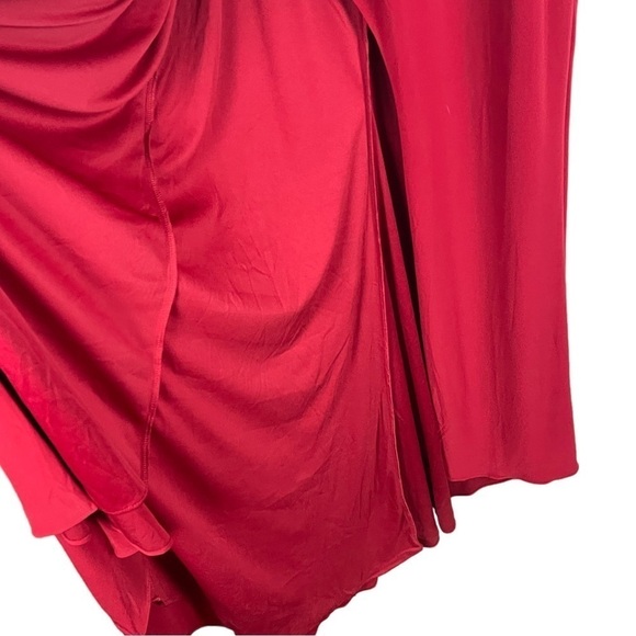 LA FEMME 29044 RED LONG SLEEVE STRETCH FAUX WRAP SURPLICE THIGH HIGH SLIT GOWN - Picture 9 of 14
